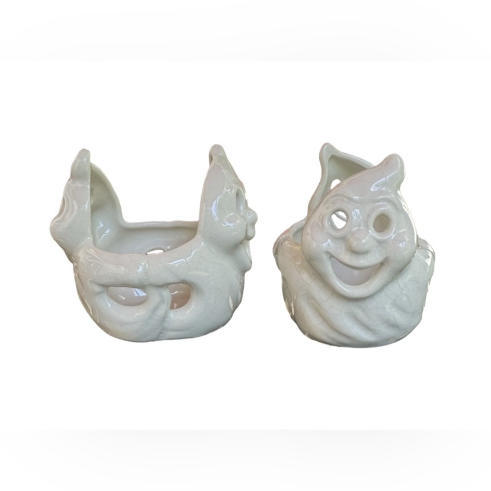Charming Set of 2 Ceramic Ghost Tealight Holders w/ Crackle Finish